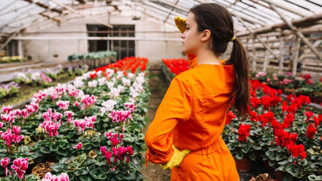 Female gardener checking colorful flowers growing in greenhouse